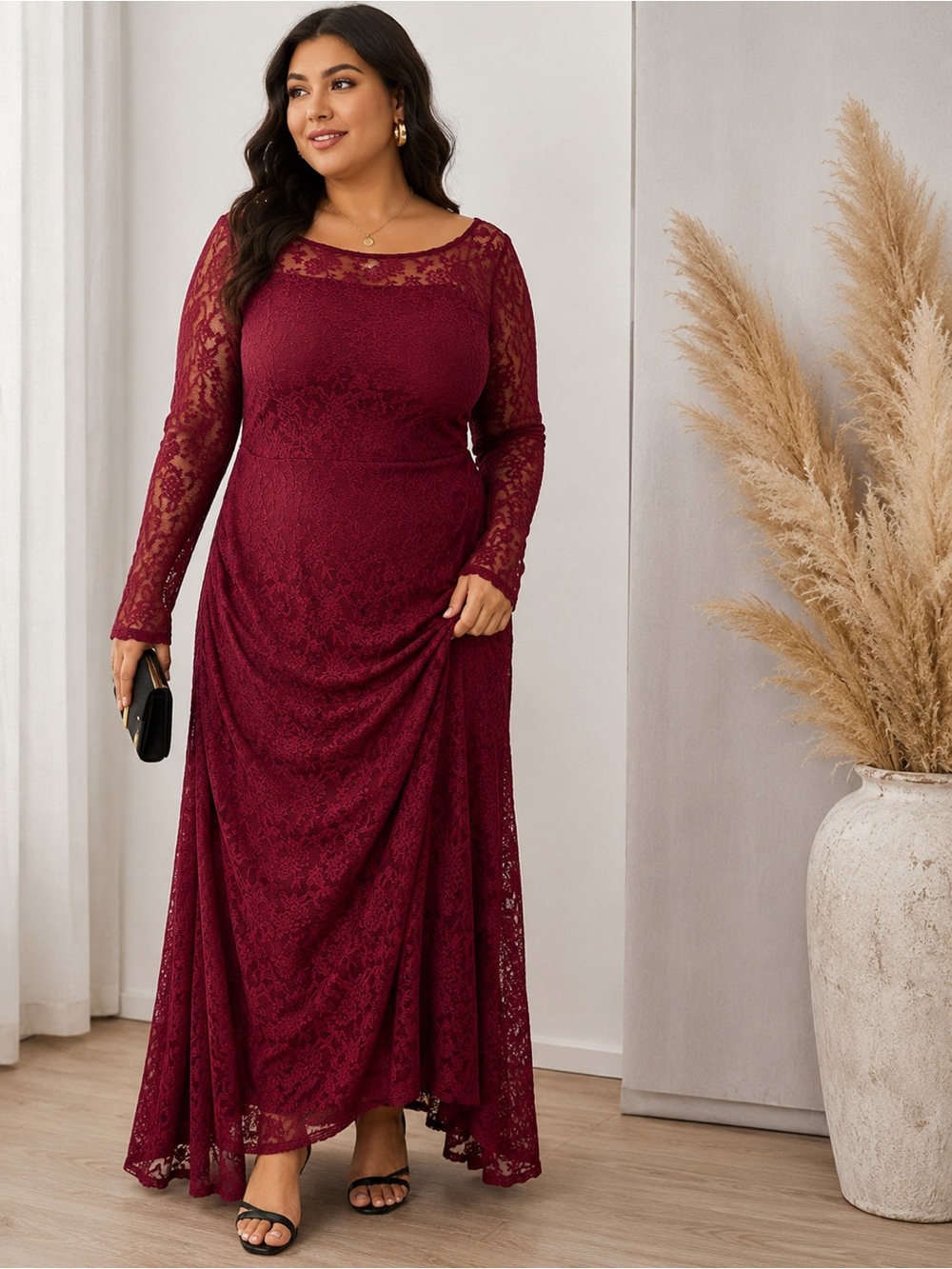 SHEIN Curve Burgundy Floral Lace Maxi Dress 1XL Long Sleeve Romantic Formal